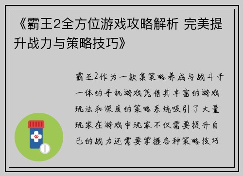 《霸王2全方位游戏攻略解析 完美提升战力与策略技巧》