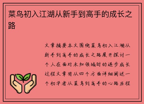 菜鸟初入江湖从新手到高手的成长之路